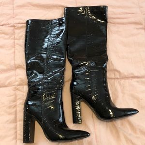 Faux Alligator Black Heeled Boots